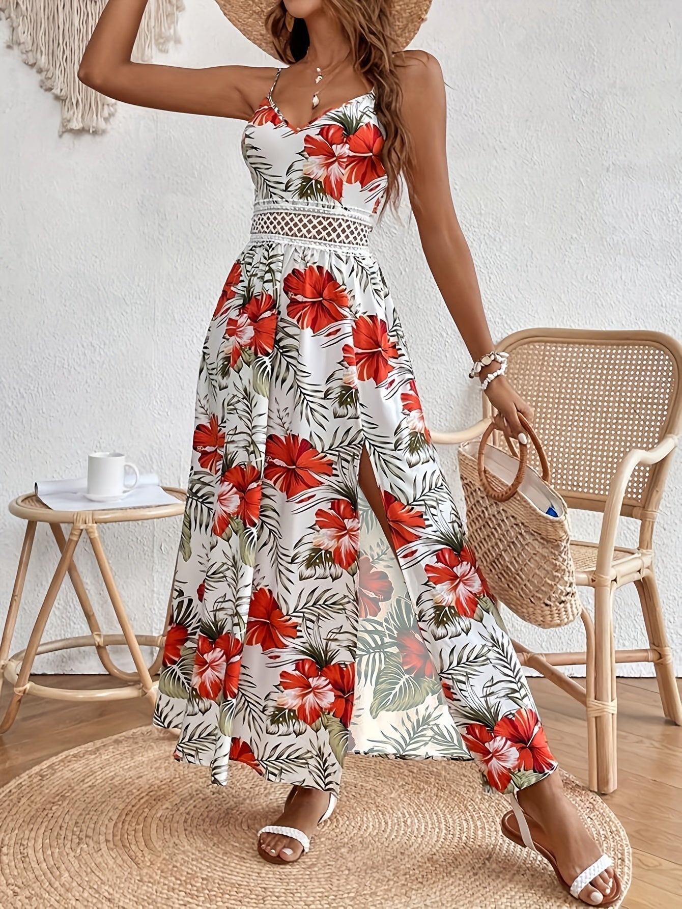 Floral Print Spaghetti Strap Elegant Sleeveless Split Dress