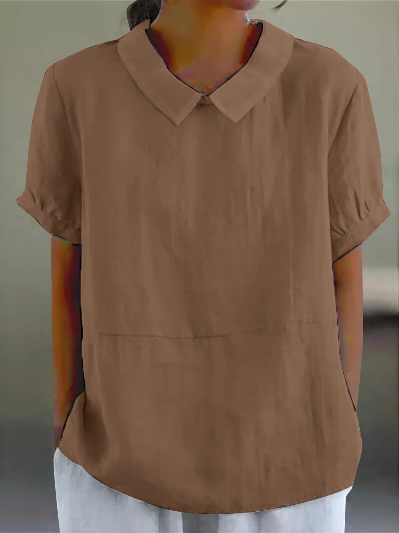 Solid Color Loose Lapel Short Sleeve Cotton Top