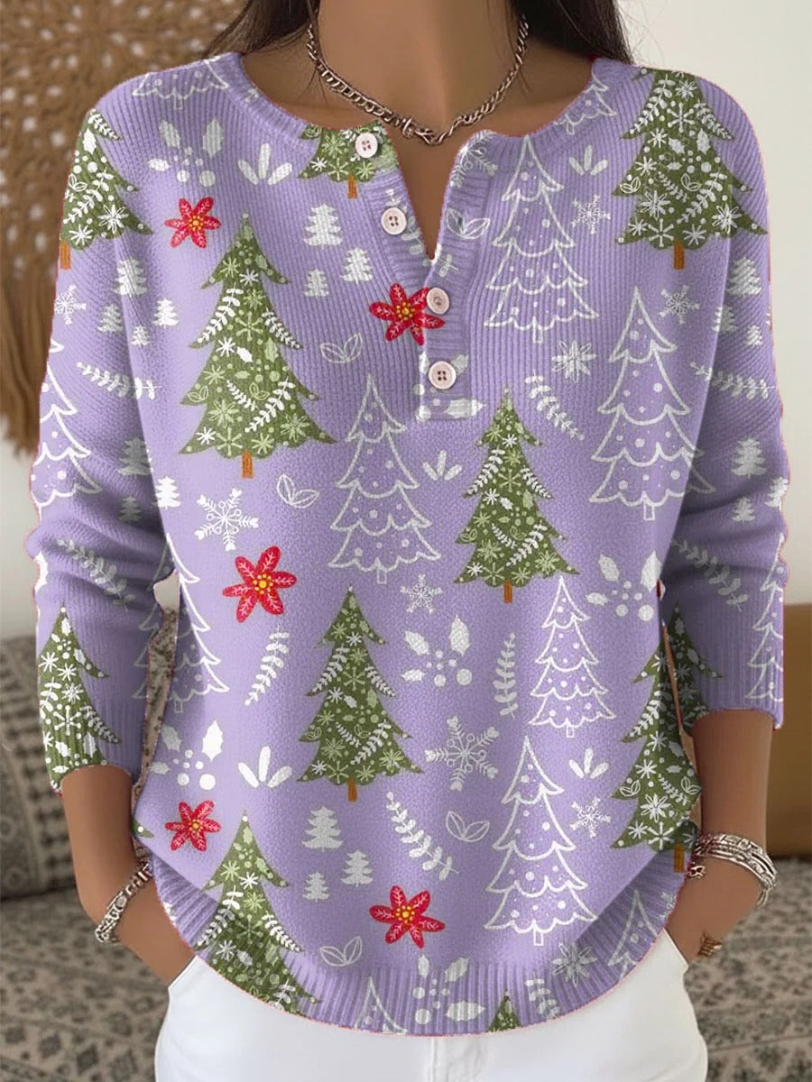 Christmas Green Tree Art Print Buttoned Sweater Tee