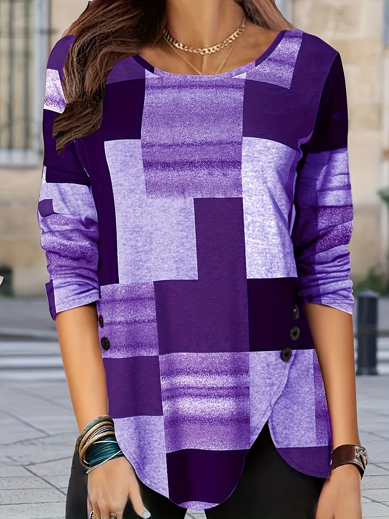 Colorblock Long Sleeve Round Neck Button Decor Asymmetrical Hem Slight Stretch T-shirt