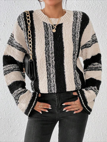 Striped Split Joint Winter Casual Long Sleeve Crew Neck Sweater