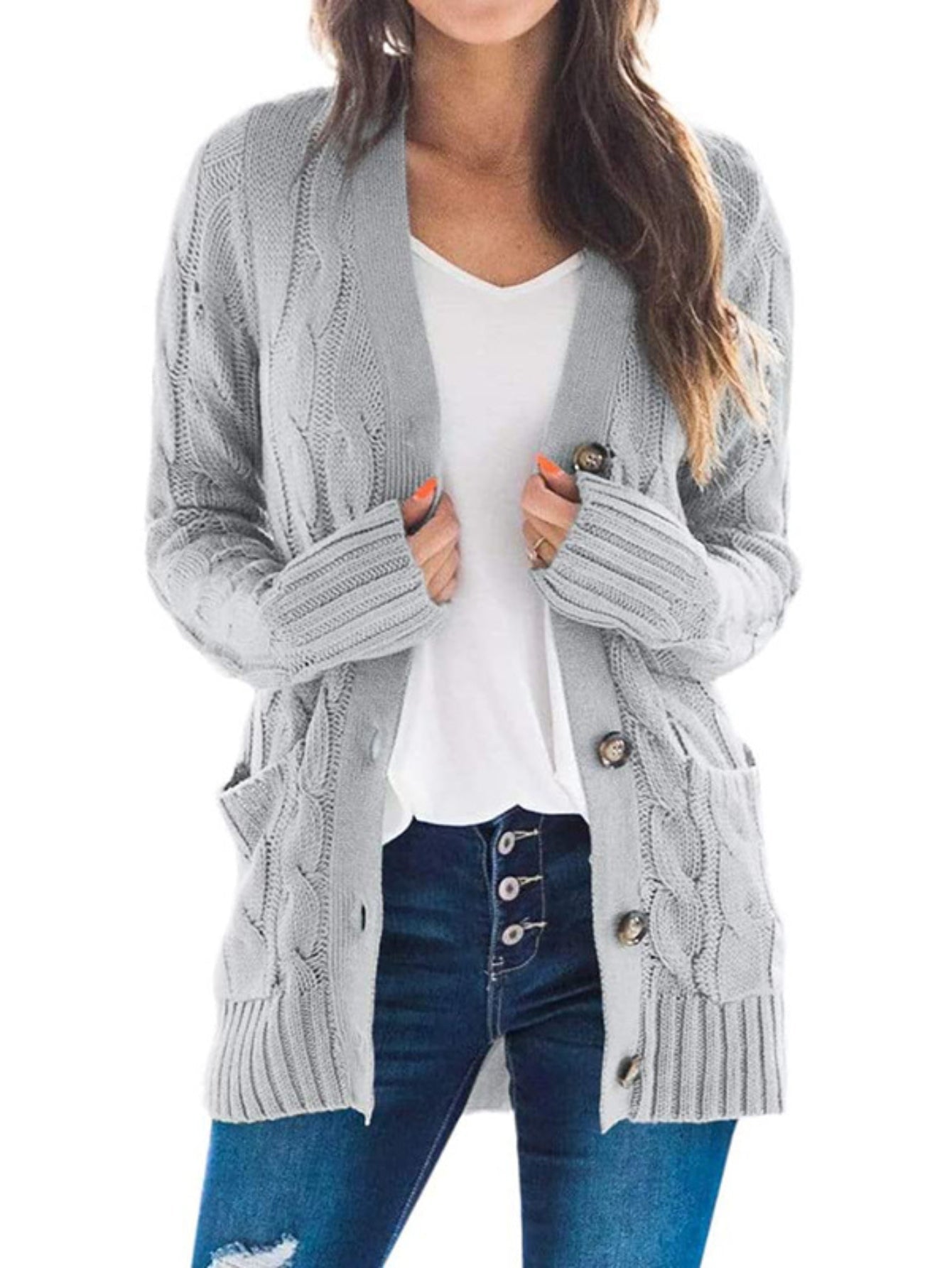 Cable Knit Button Front Cardigan, Casual Solid Long Sleeve Cardigan