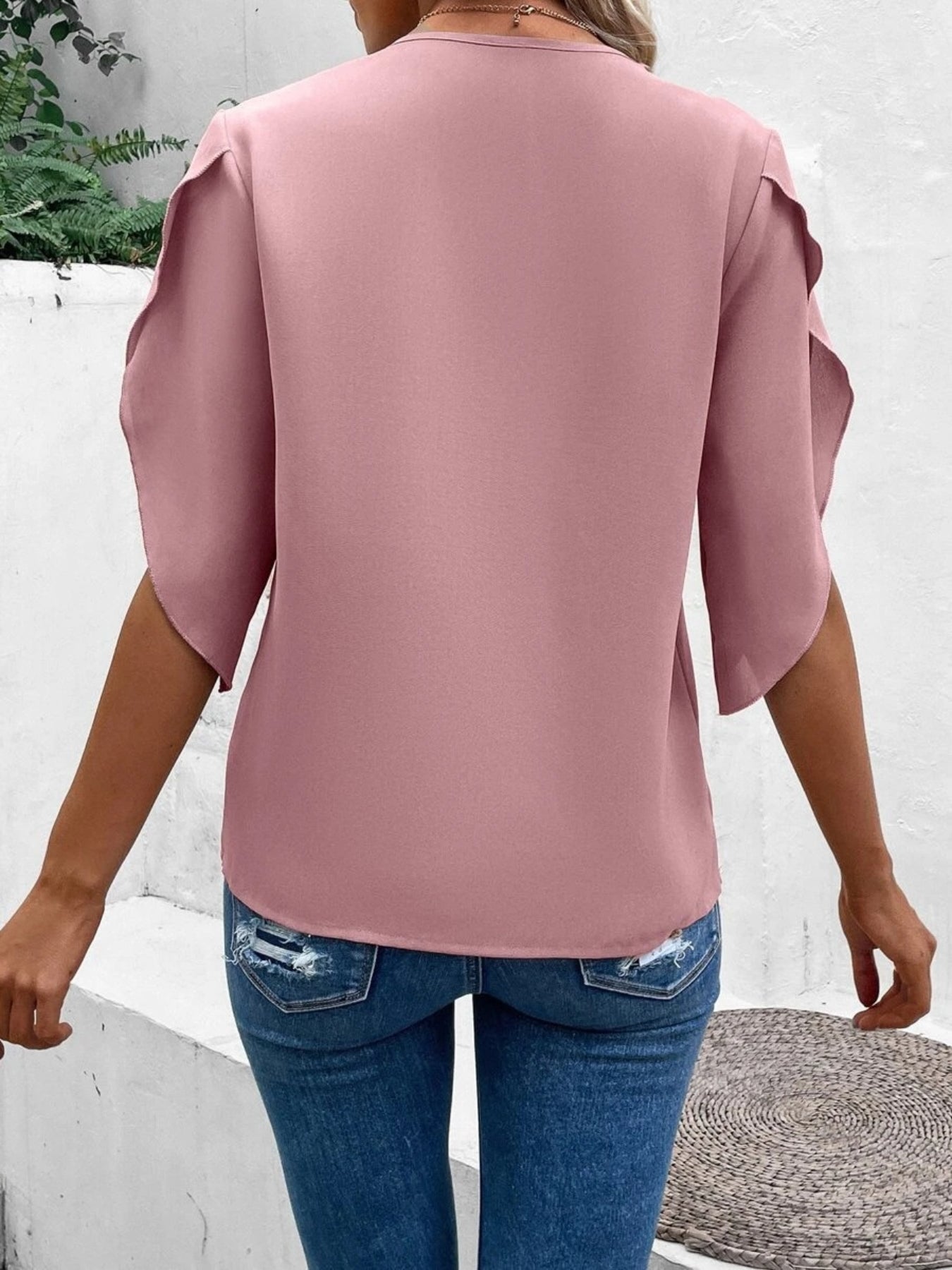 Solid Floral Lace Stitching V-neck Blouse, Vintage Petal Sleeve Blouse