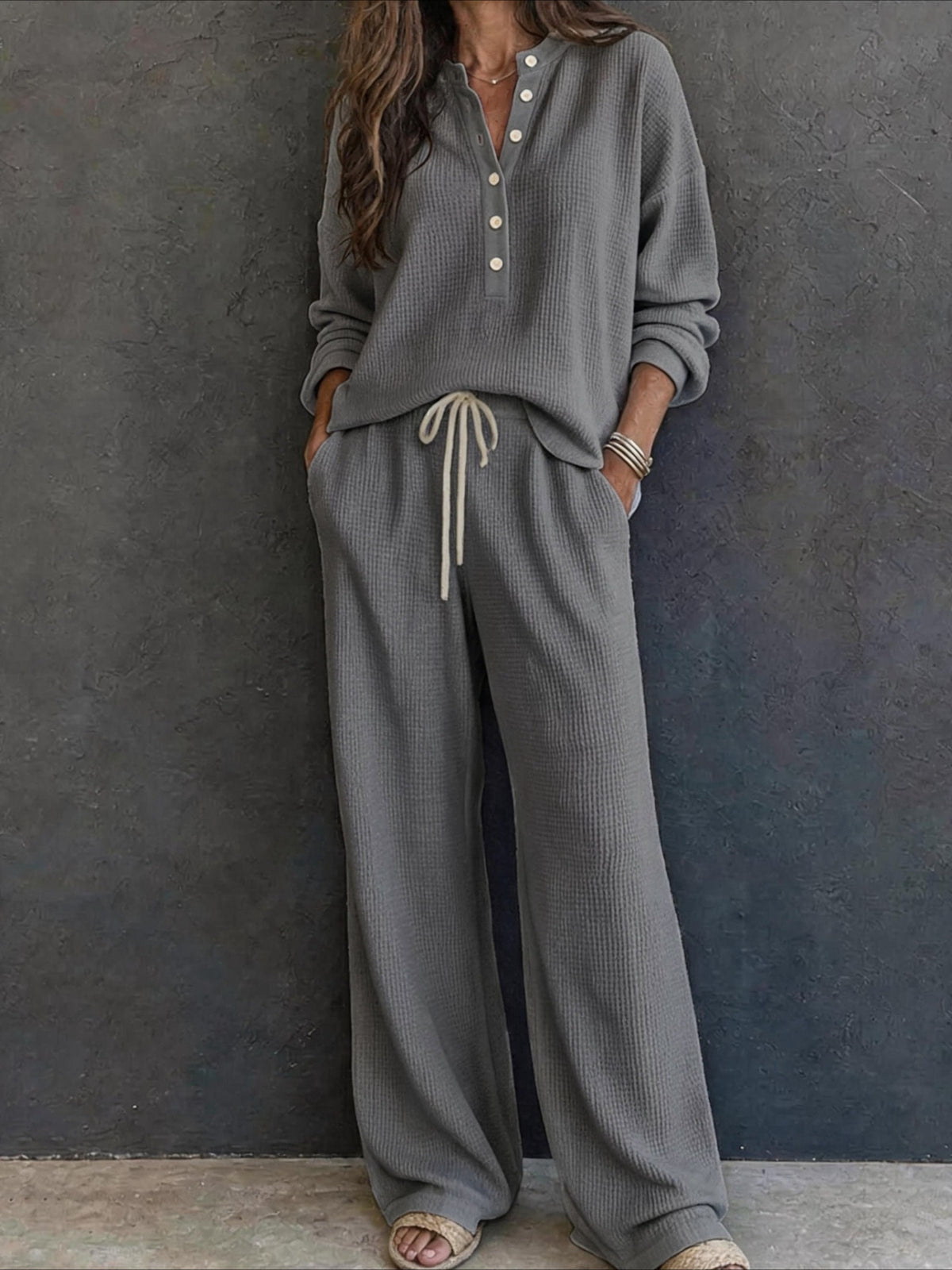 Waffle Knit Button Detail Top and Pants Set