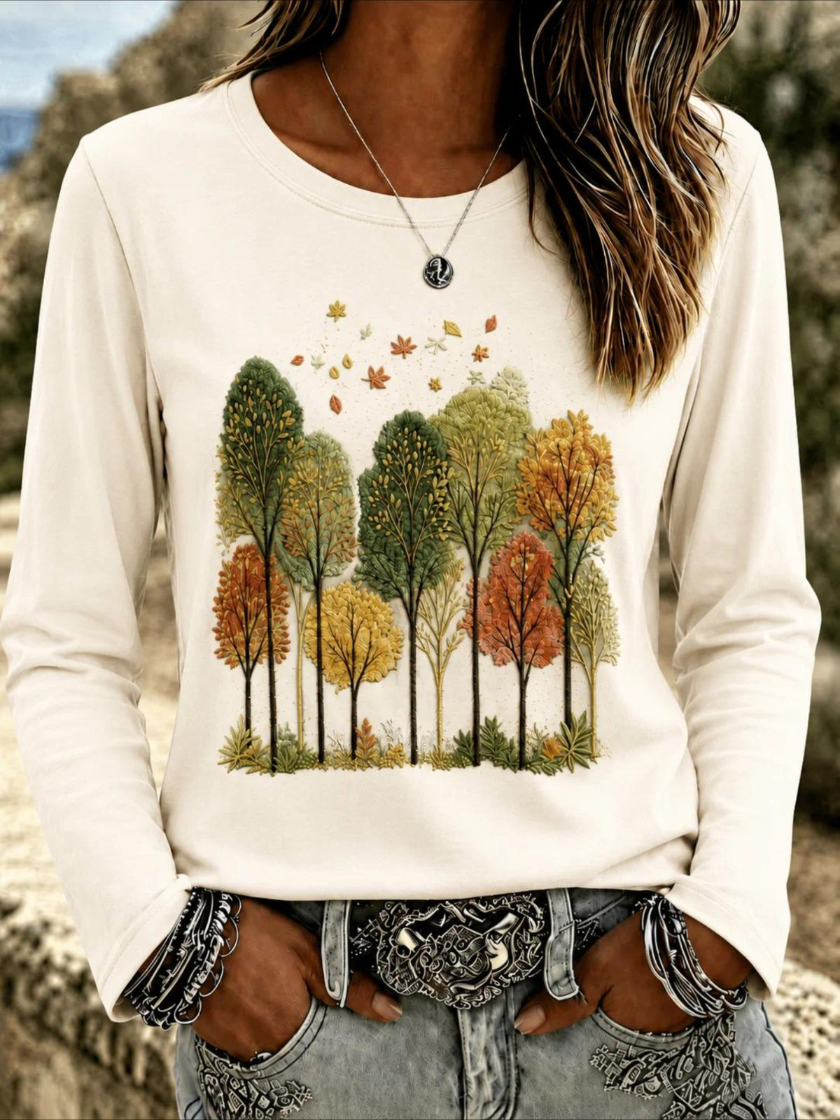 Leaf Printing Jersey Crew Neck Long Sleeve T-shirt