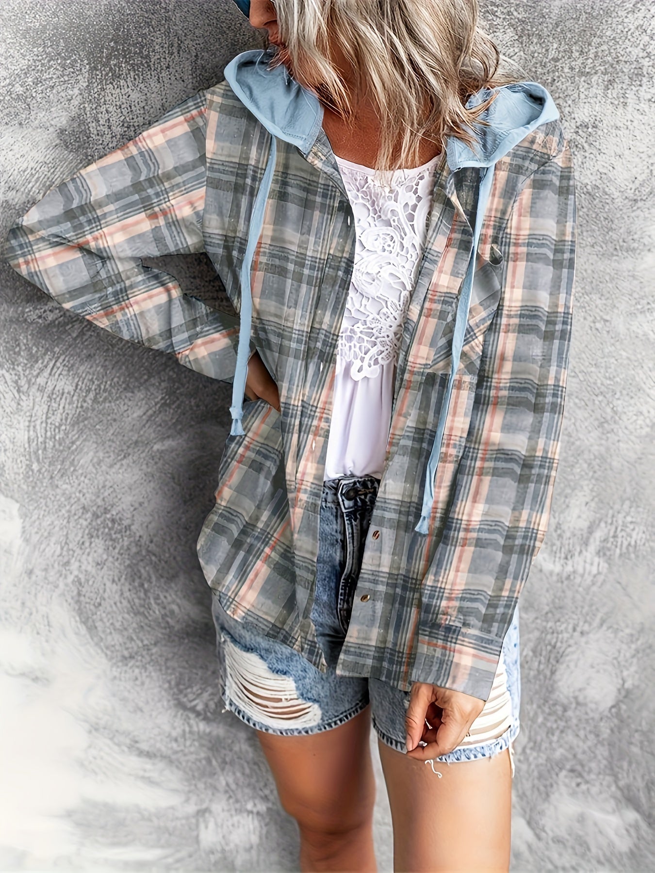 Plaid Print Hooded Shirt, Casual Long Sleeve Drawstring Shirt