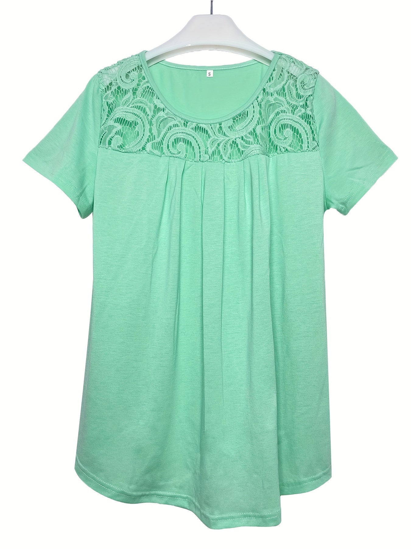Women's Contrast Lace Ruched T-Shirt - Casual Short Sleeve Top