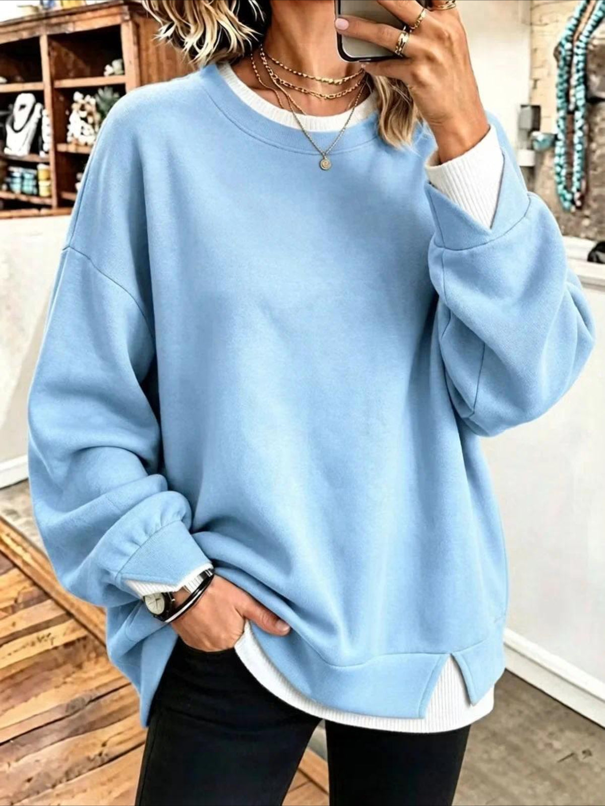 Plain Crew Neck Split Joint Casual Spring/Fall Long Sleeve Sweatshirt