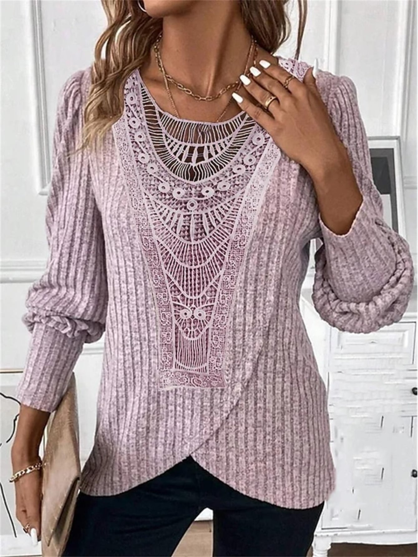 Casual Contrast Lace Round Neck Long Sleeve T-Shirt