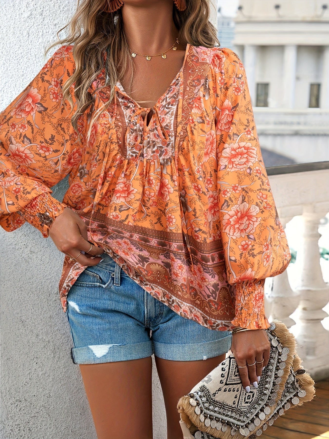 Drawstring Long Sleeve Casual Floral Print V Neck Blouse