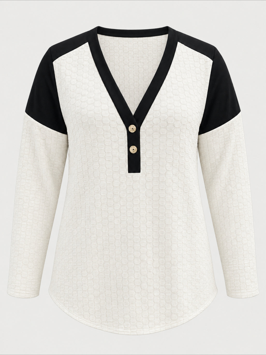 Solid Color Waffle Patchwork Button Long Sleeve V Neck Shirts