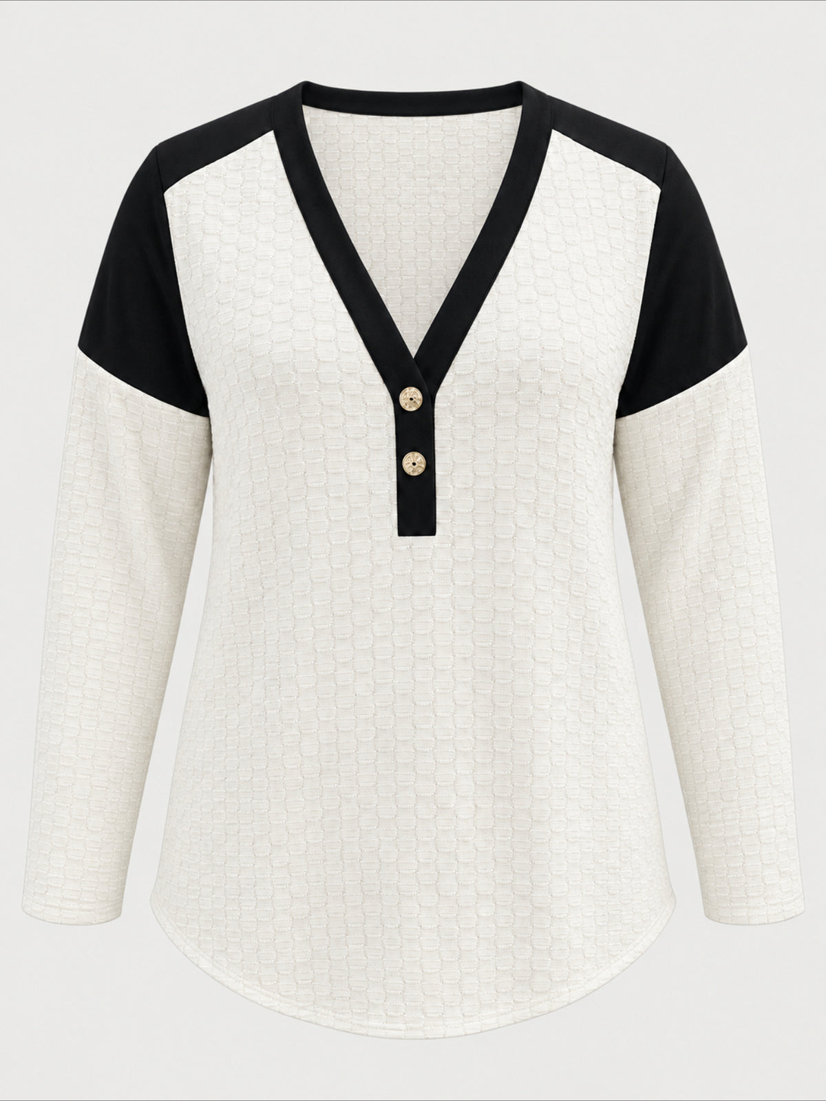 Solid Color Waffle Patchwork Button Long Sleeve V Neck Shirts