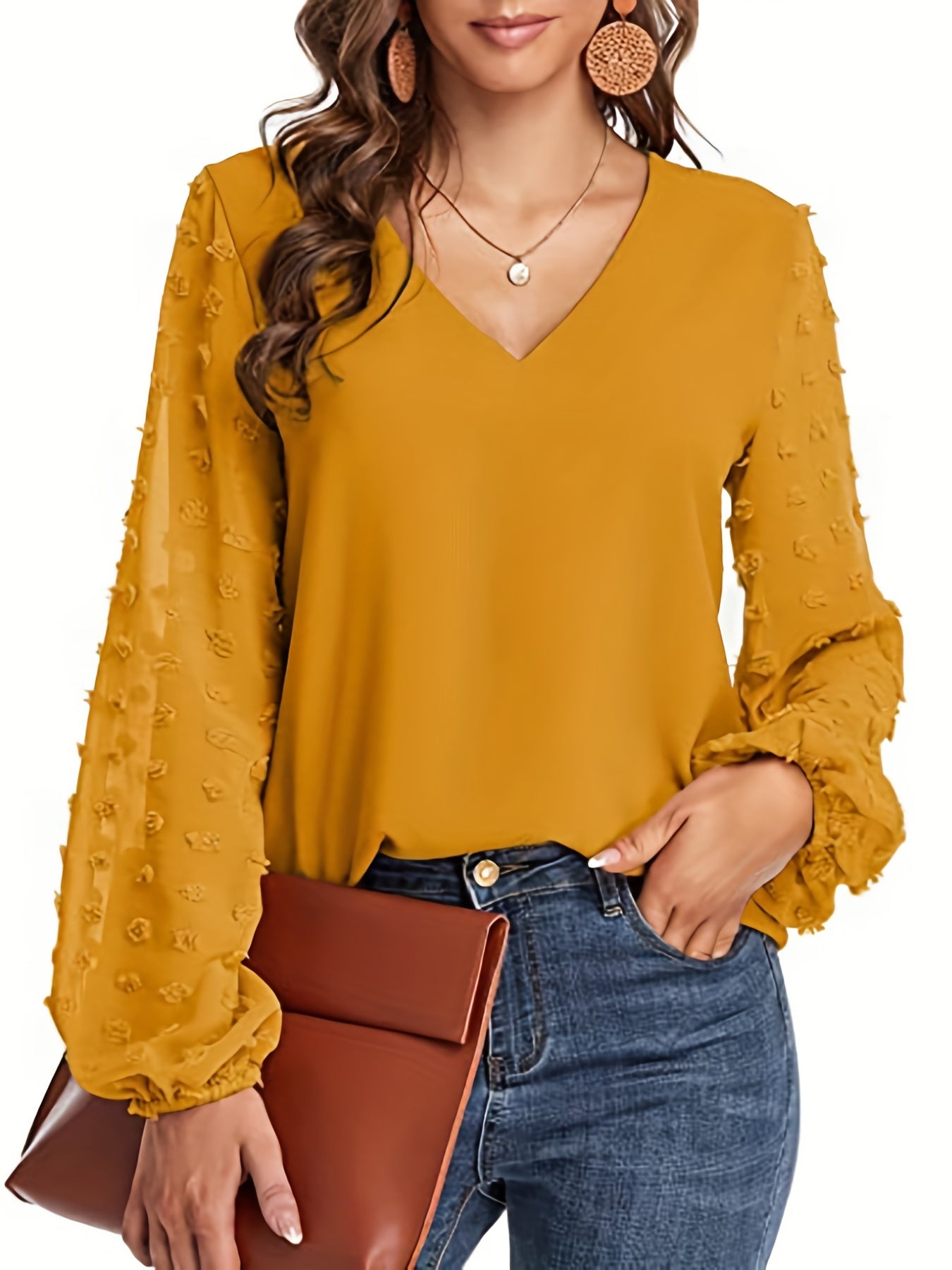 Swiss Dot Sleeve Shirt, Casual V Neck Solid Shirt