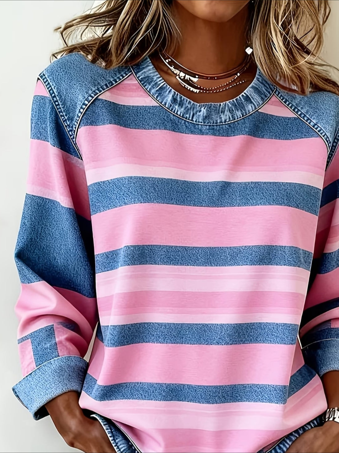 Abstract Stripes Print Patchwork Denim Crewneck Long-Sleeved Sweatshirt
