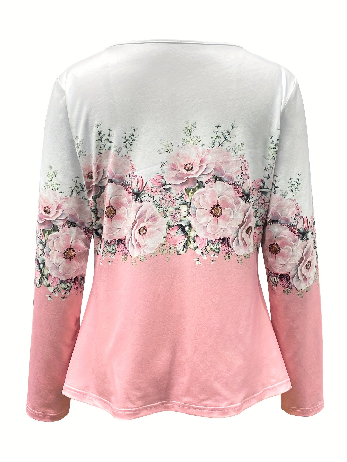 Floral Print Surplice Neck Button T-Shirt, Casual Long Sleeve T-Shirt
