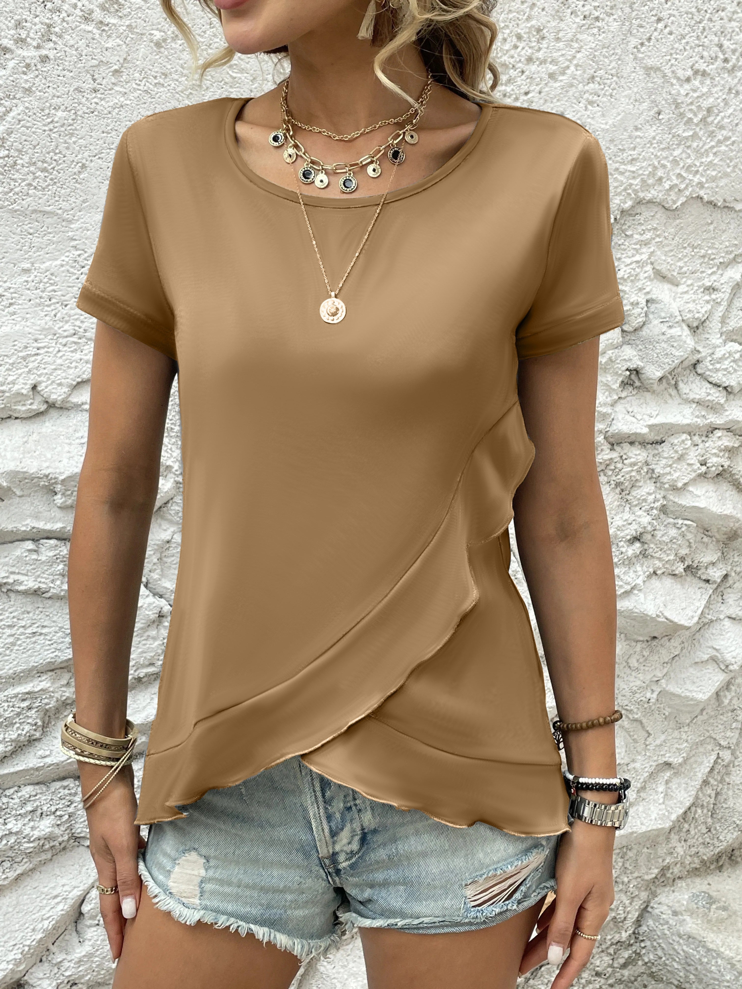 Asymmetrical Ruffle Hem T-Shirt, Casual Crew Neck Short Sleeve T-Shirt