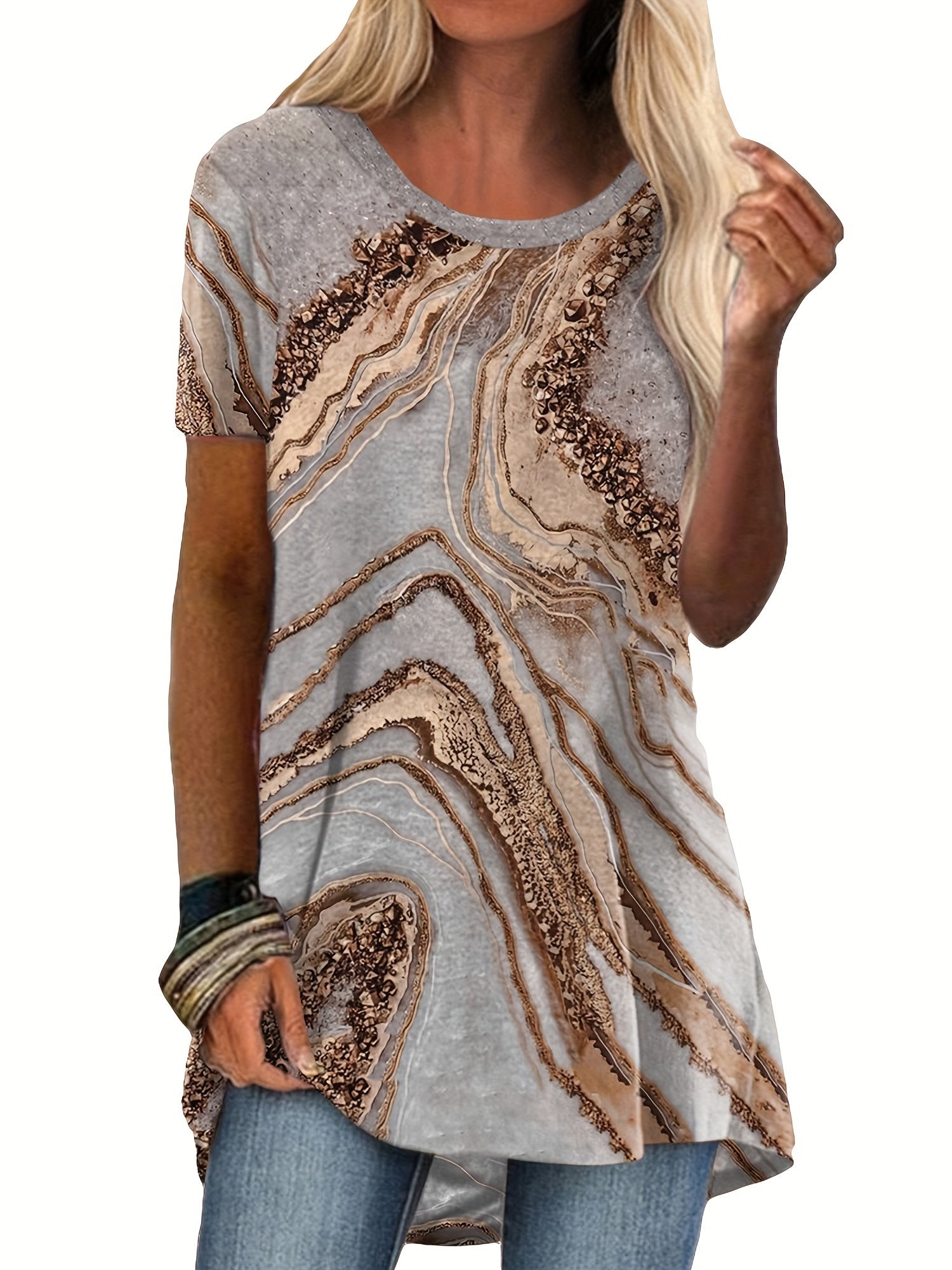 Marble Print Crew Neck T-shirt, Casual Short Sleeve Summer Mid Length T-shirt