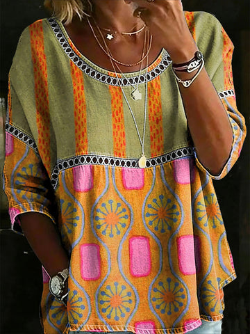 Printed Mid Sleeve Pleated Round Neck Top
