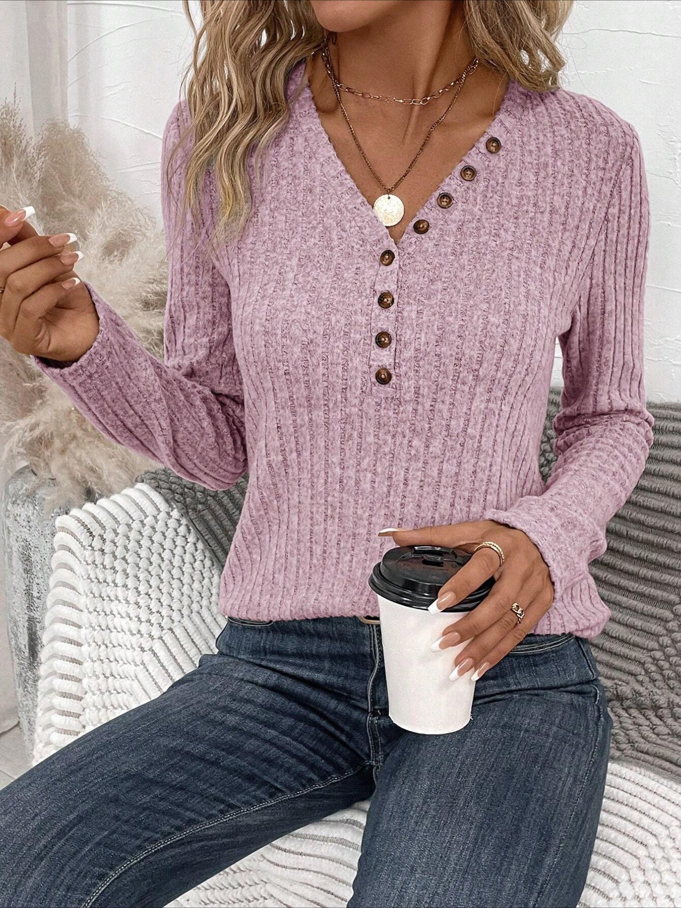 Women's Ribbed Button Front T-Shirt - Casual V Neck Long Sleeve Top