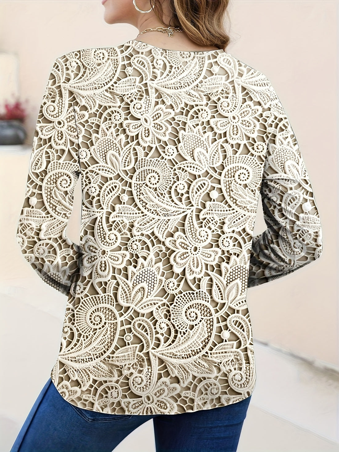 Elegant Floral Print High-Stretch Round Neck Long Sleeve Top