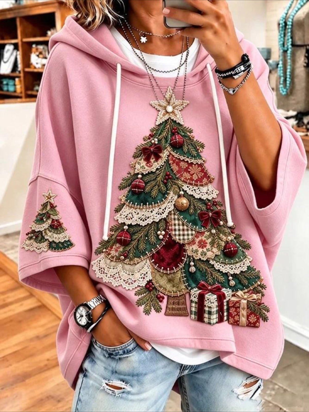 Christmas Tree Printing Half Sleeve Hoodie