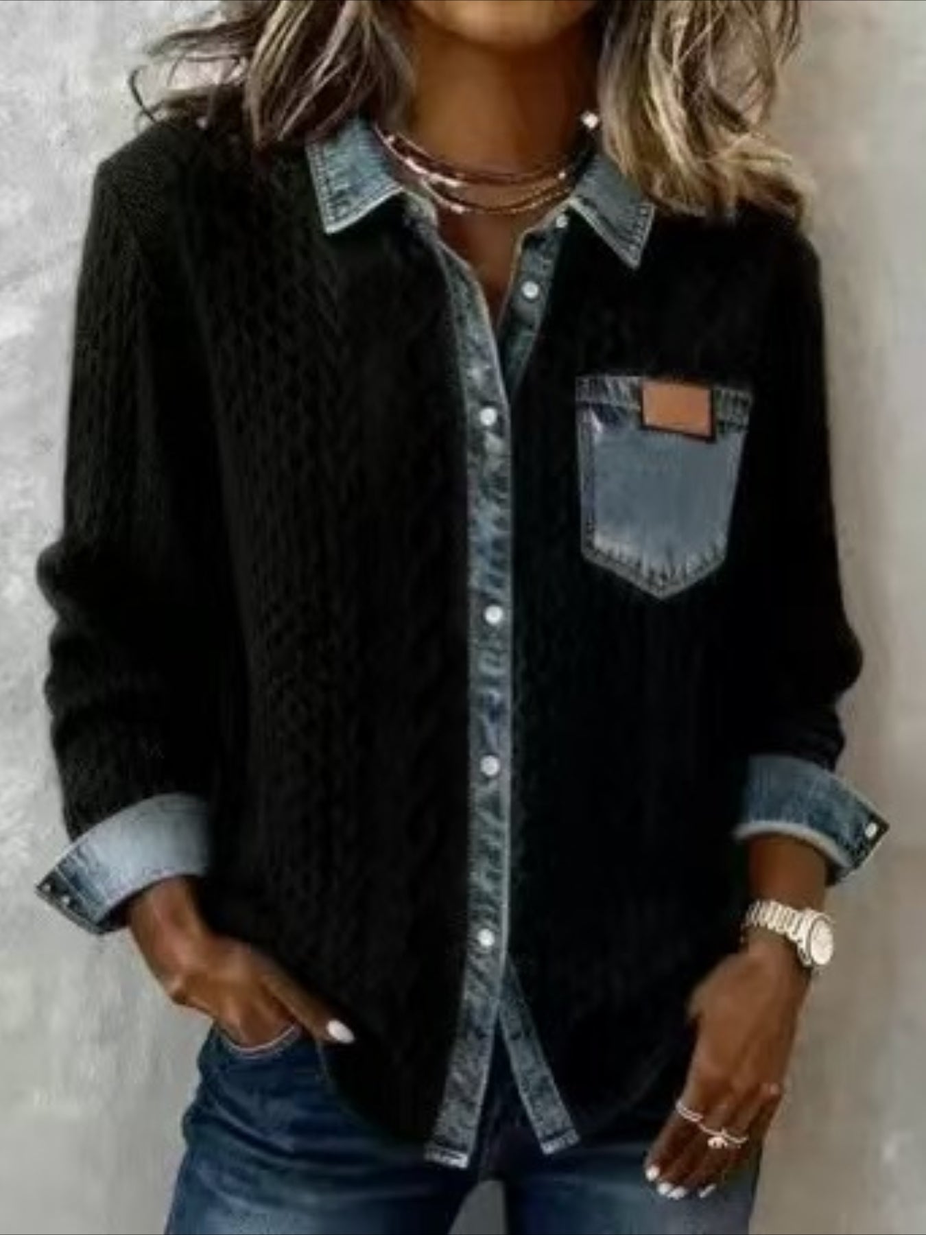 Multicolor Block Denim Patchwork Elegant Loose Shawl Collar Cardigan