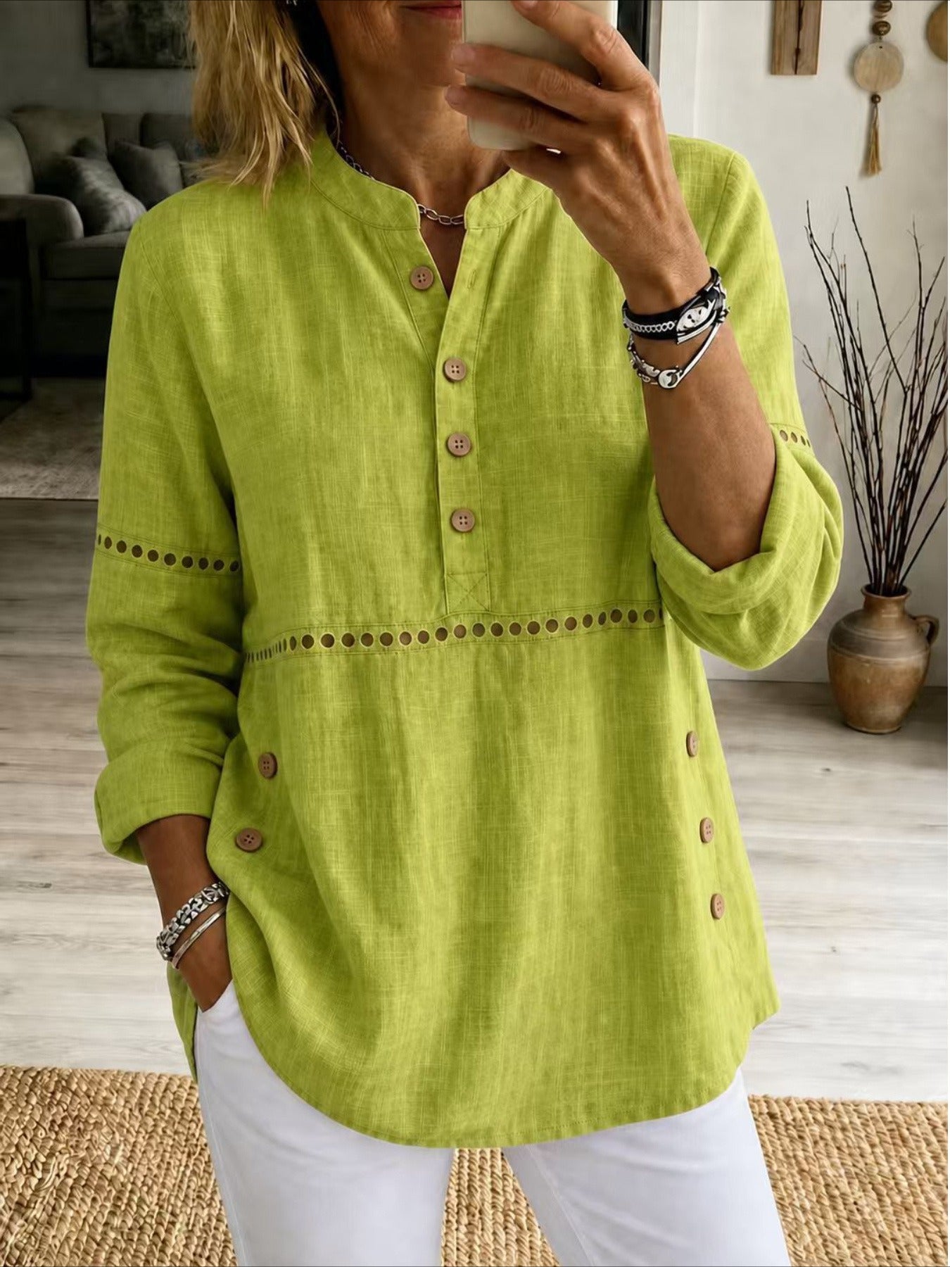 Solid Color Stand Collar Long Sleeve Half-Placket Side Button Cutout Detail Loose Fit Top