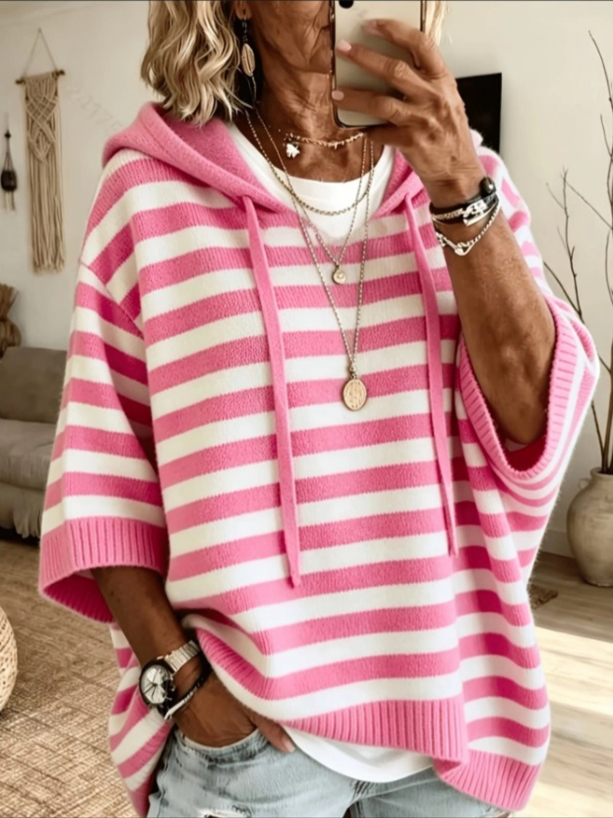 Solid Color Casual Hooded Batwing Sleeve Knit Sweater