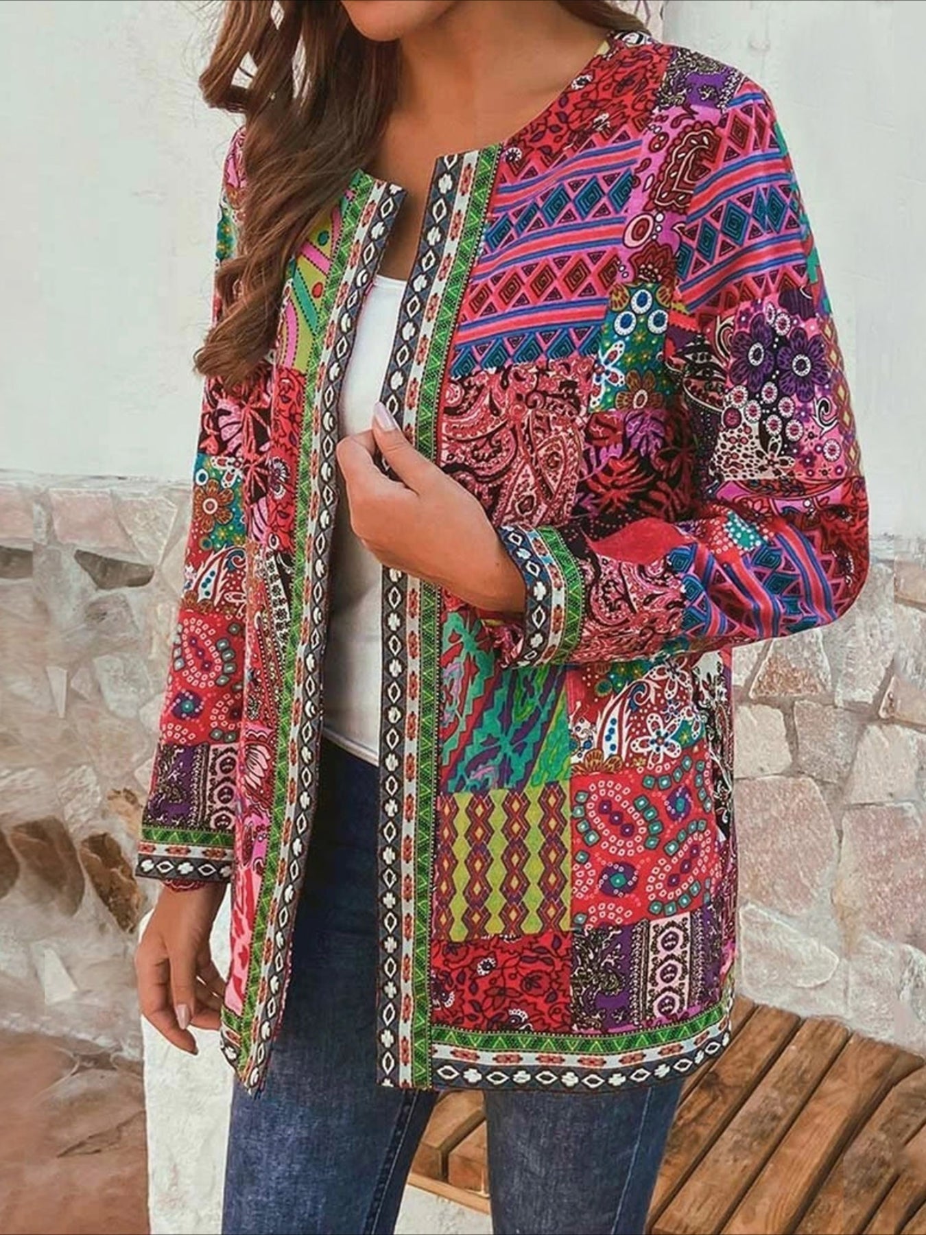 Floral Pattern Top, Elegant Open Front Long Sleeve Top