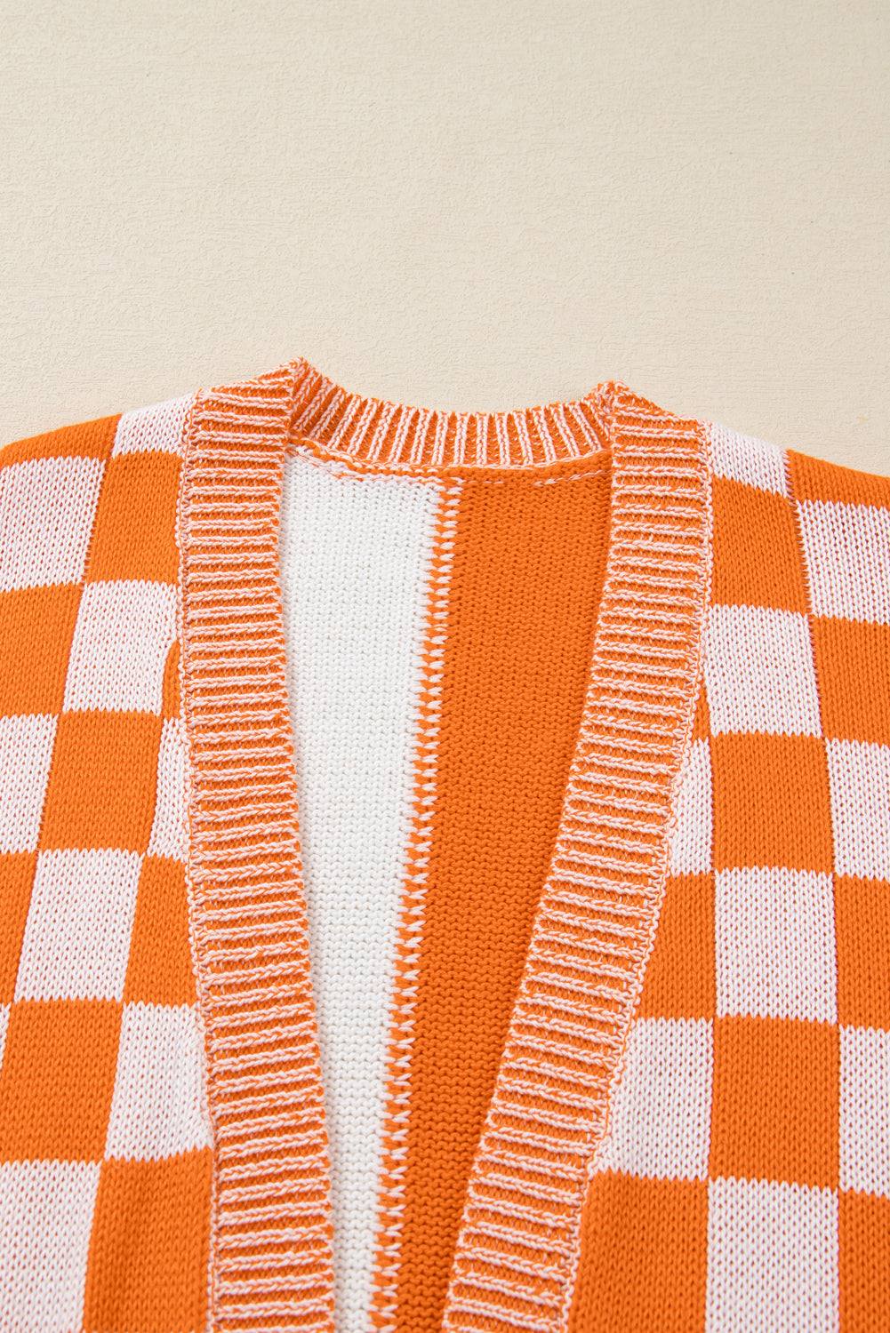 Orange Checkered Bubble Sleeve Drop Shoulder Open Cardigan