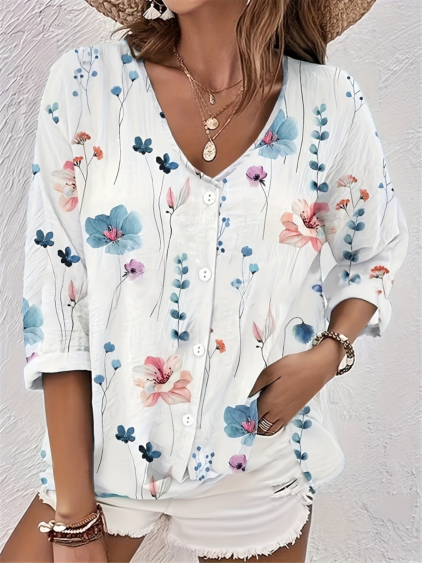 Women's Floral Print Button Up Half Sleeve V Neck Top