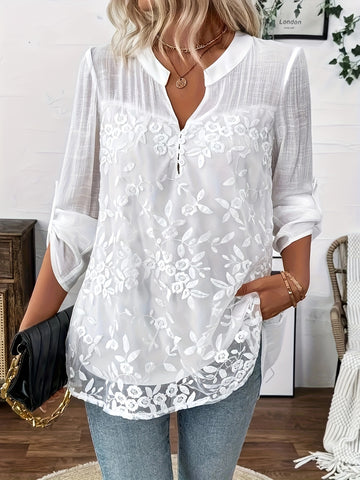 Elegant Lace Detail Round Neck Floral Embroidery Long Sleeve Blouse