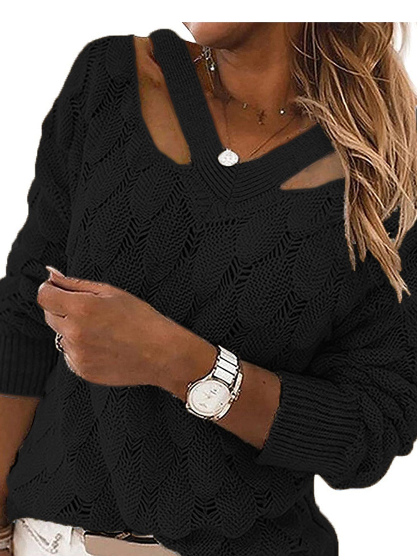 Cut Out Solid Knit Sweater, Casual V Neck Long Sleeve Sweater