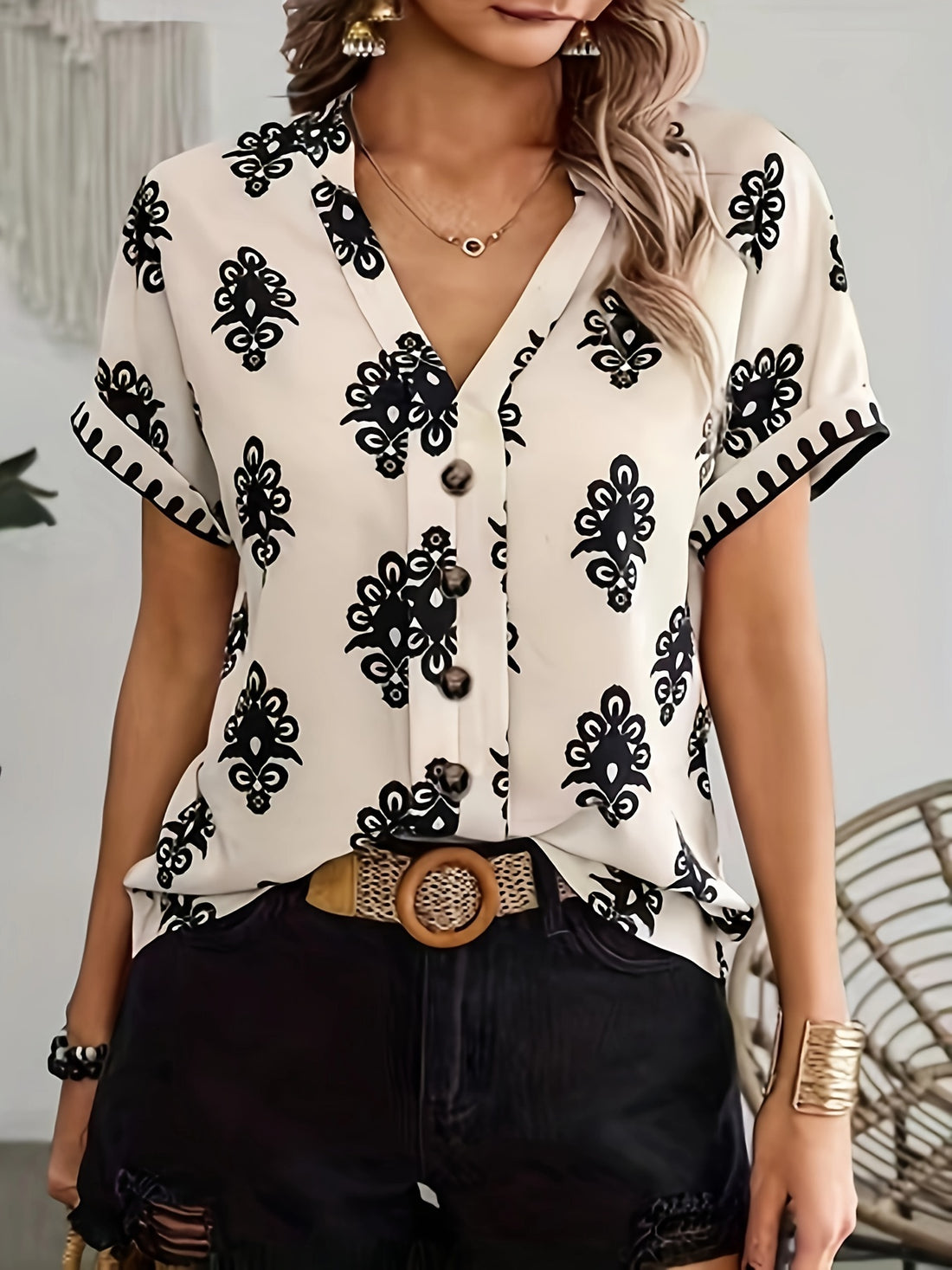 Allover Print Button Decor Blouse, Elegant V Neck Short Sleeve Blouse