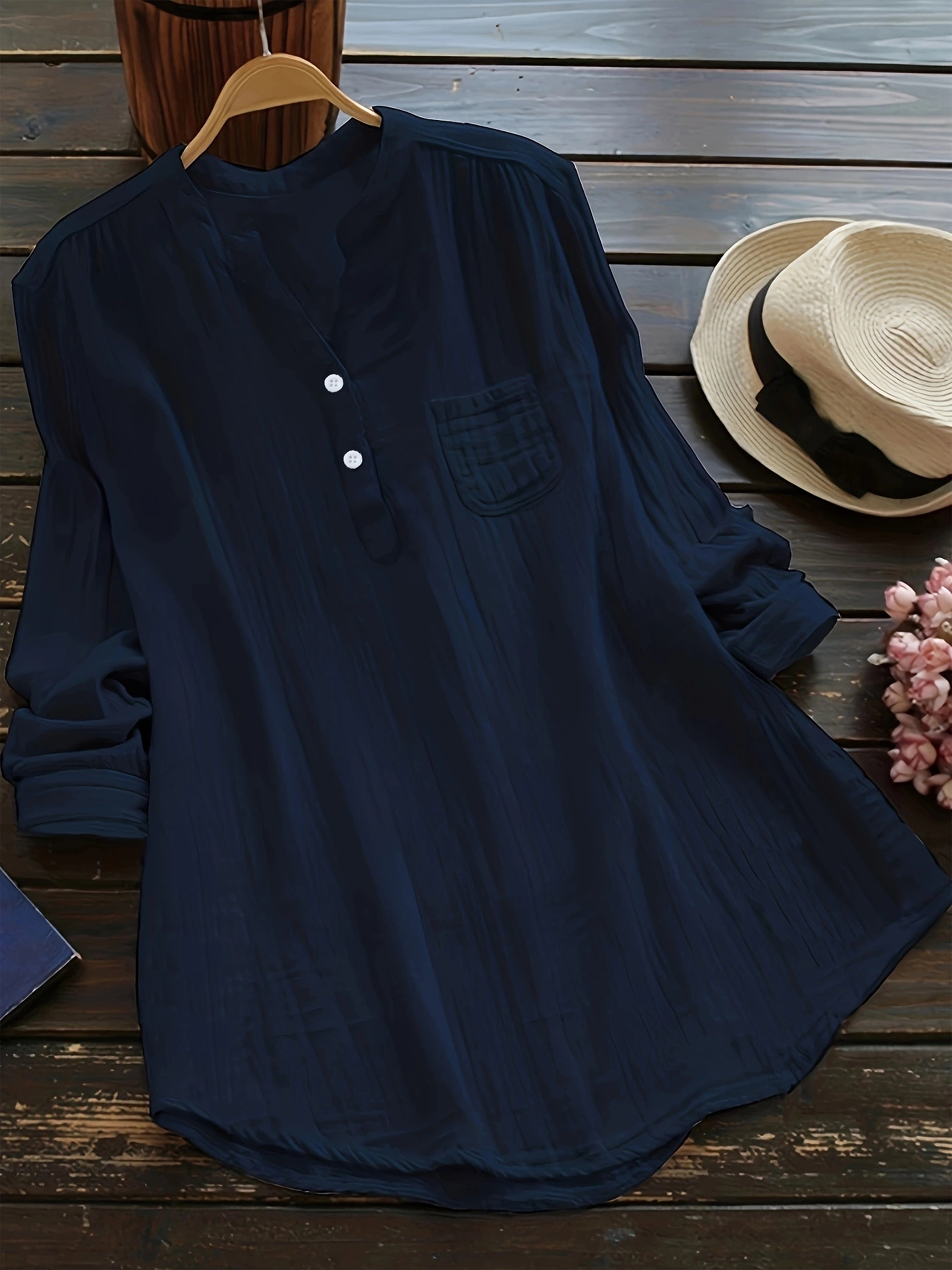 Solid Button Front Blouse, Casual V Neck Long Sleeve Blouse