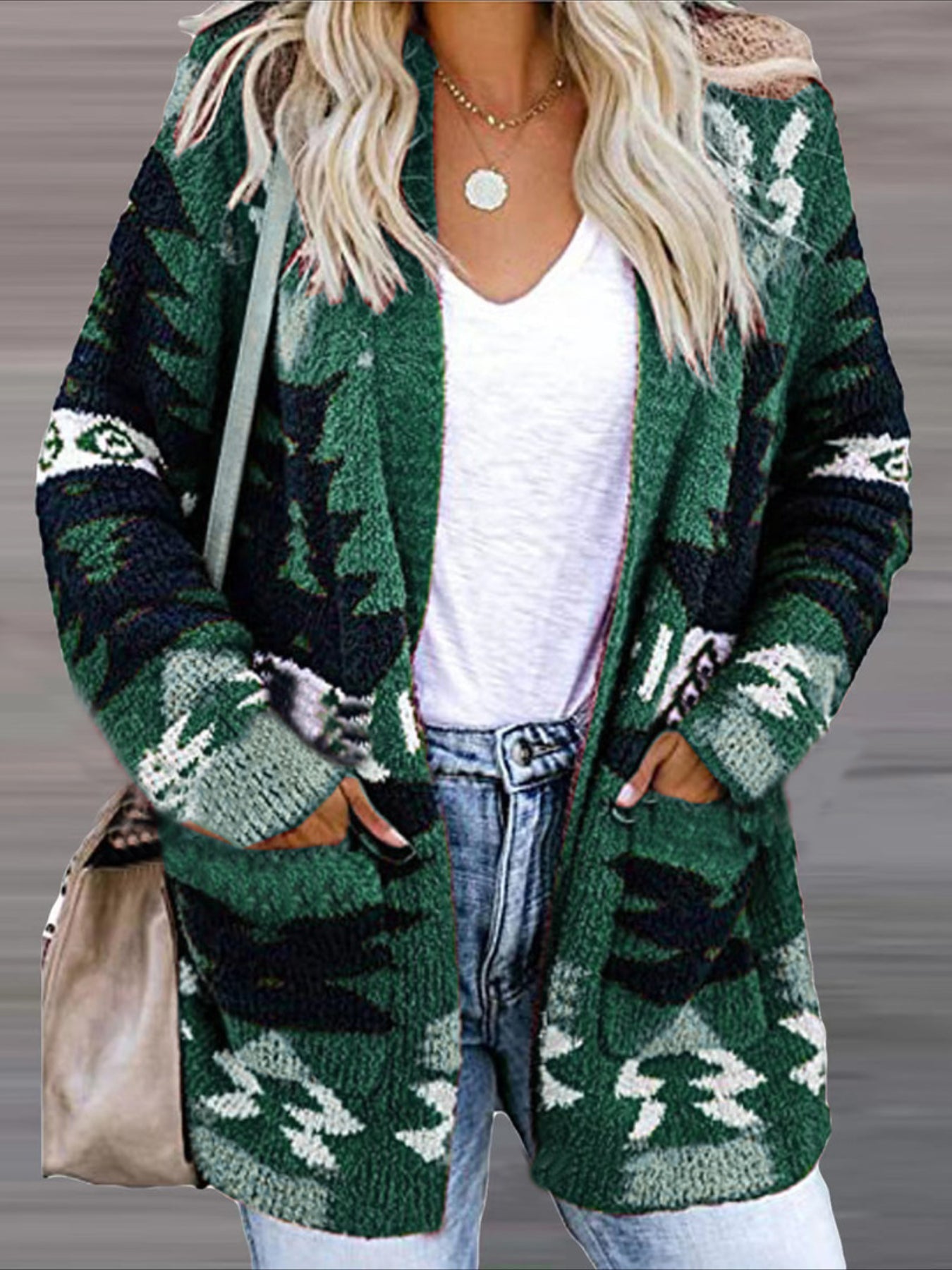 Stylish Women's Long Sleeve Ethnic Pattern Open Front Pocket Cardigan for Casual Wear