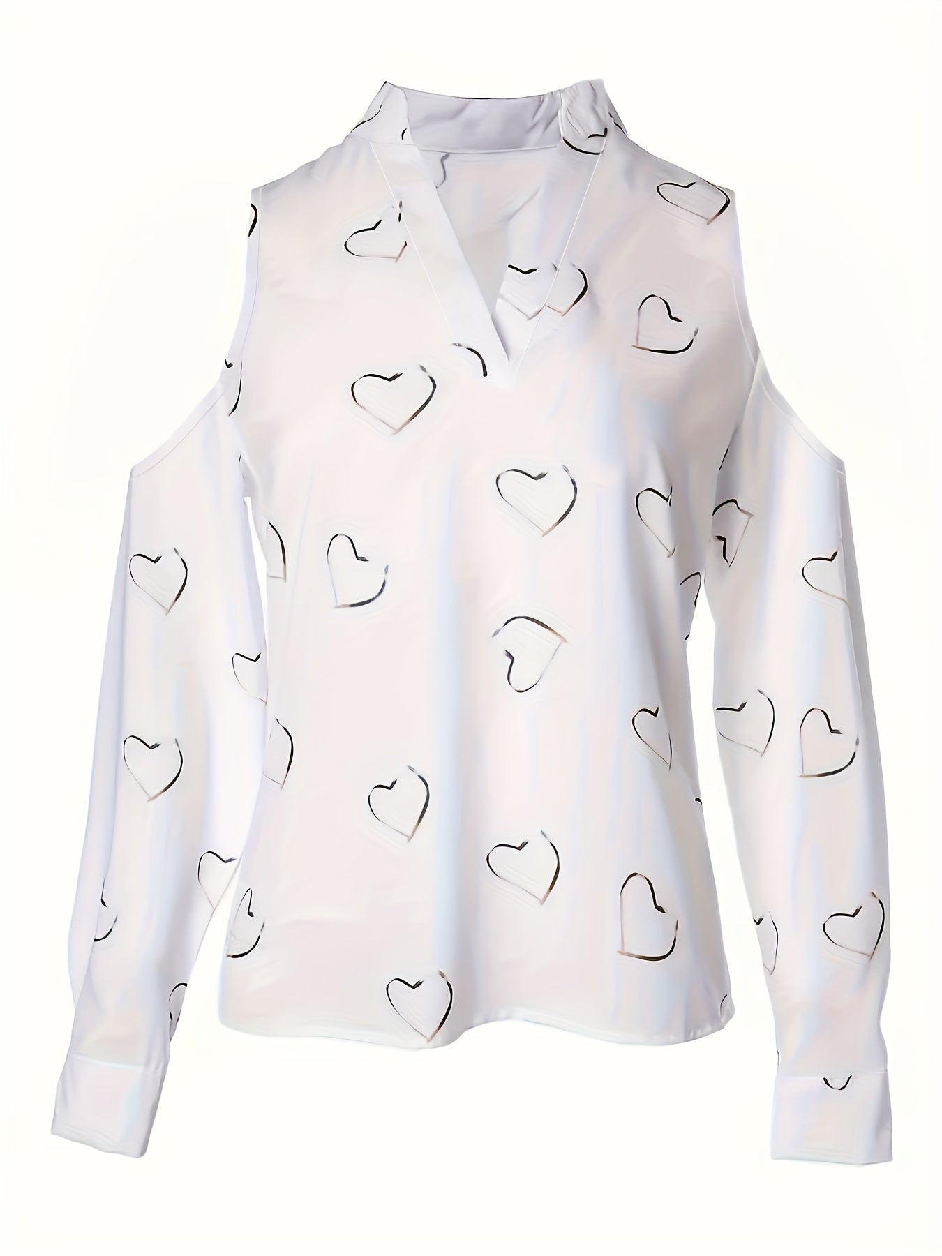 Heart Print Cold Shoulder Blouse, Casual V Neck Long Sleeve Blouse