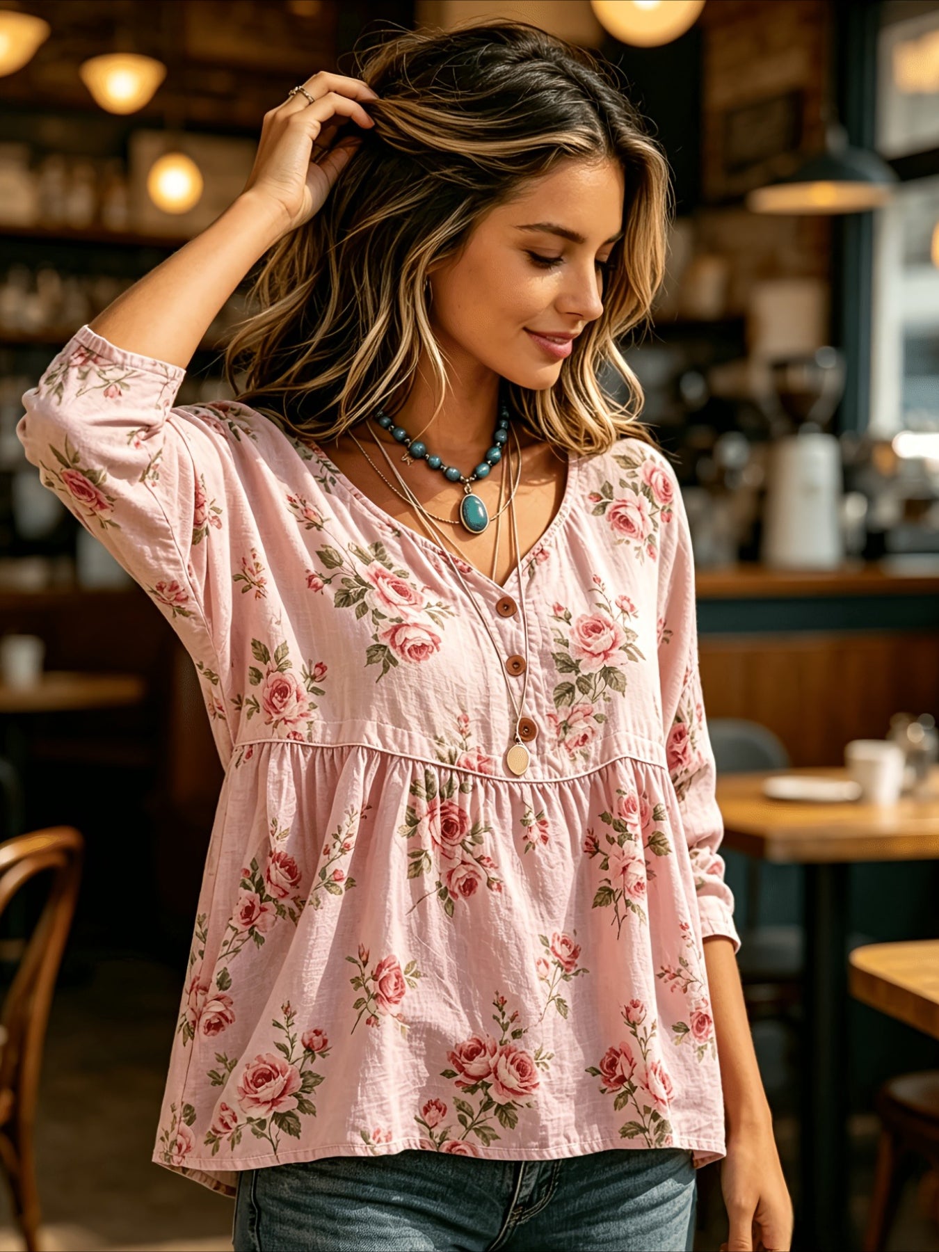 Floral Print 3/4 Sleeve V-Neck Three-Button Front Babydoll Blouse