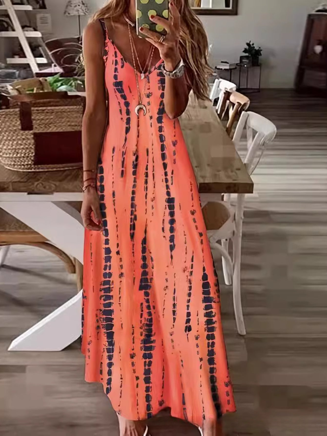 Ethnic Geo Print Cami Dress, Vacation Style Sleeveless A-line Maxi Slip Dress