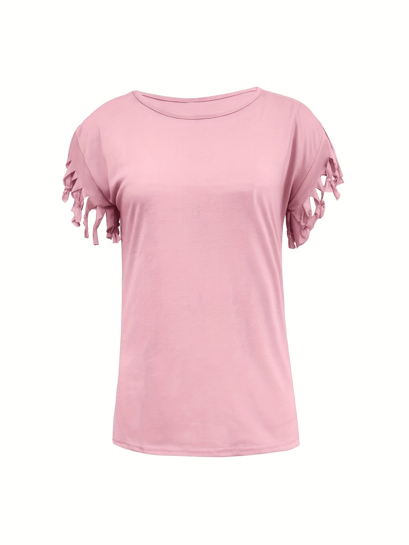 Fringe Hem Solid  T-Shirt, Crew Neck Short Sleeve T-Shirt