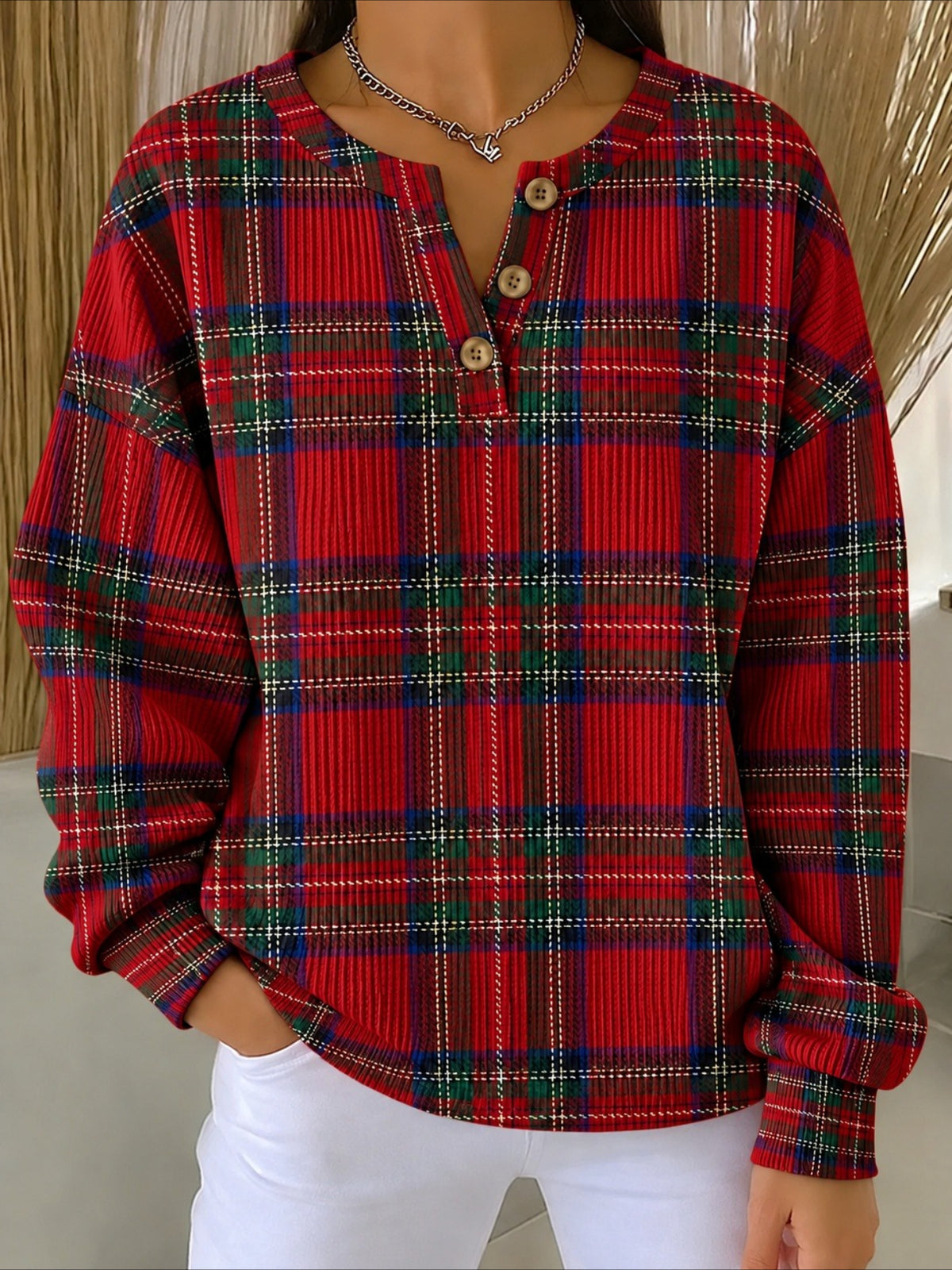 Lines and Grids Henley Collar Sweatshirt
