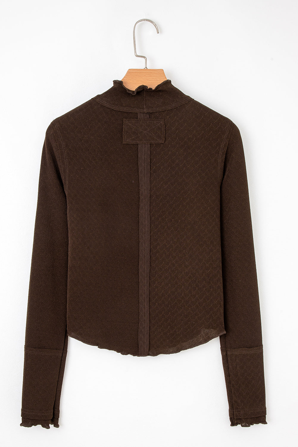 Cinnamon Lettuce Trim Raw Seam Patchwork Jacquard Long Sleeve Top