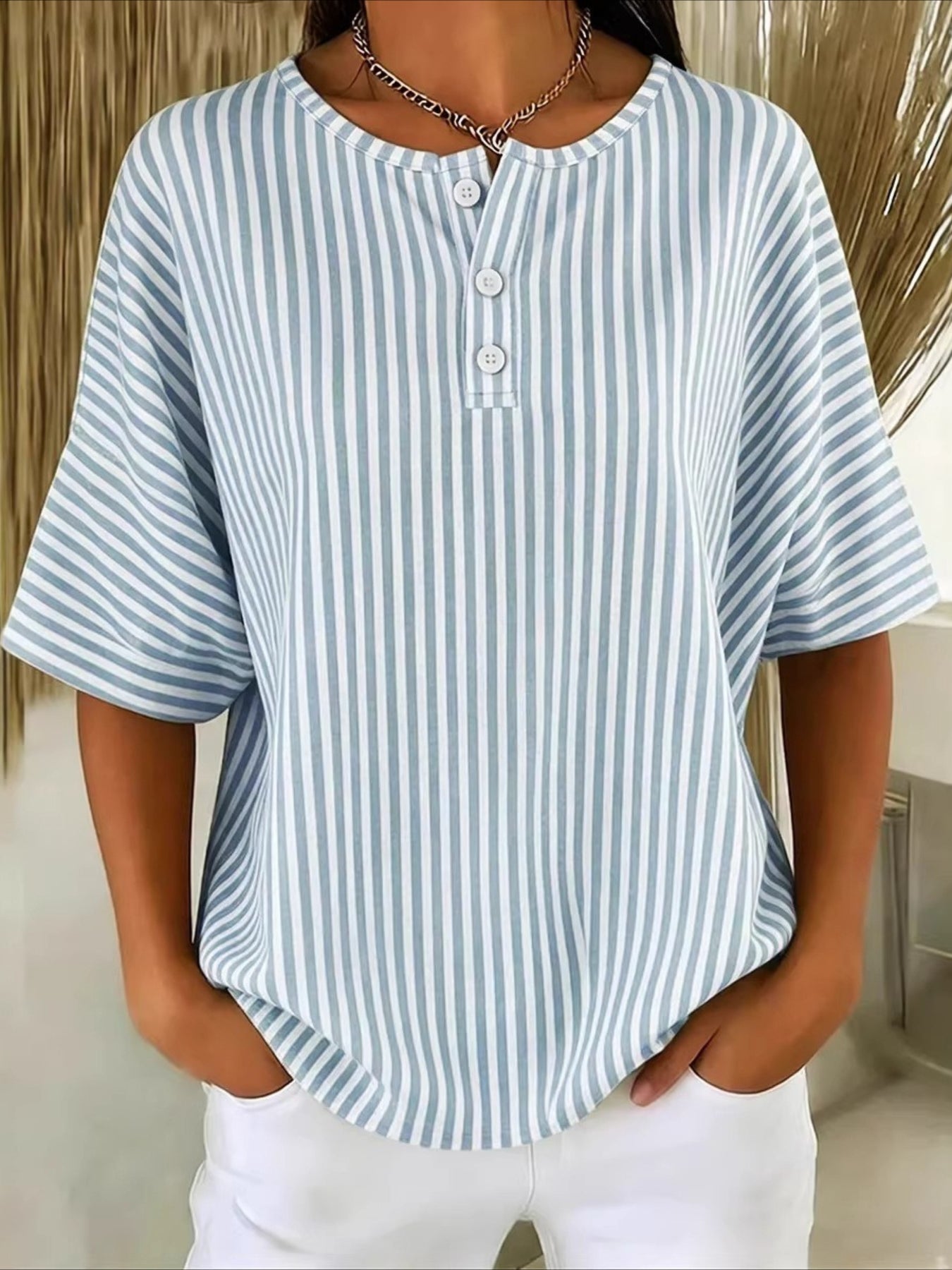Botton Short Sleeve Loose Striped Vintage Shirt