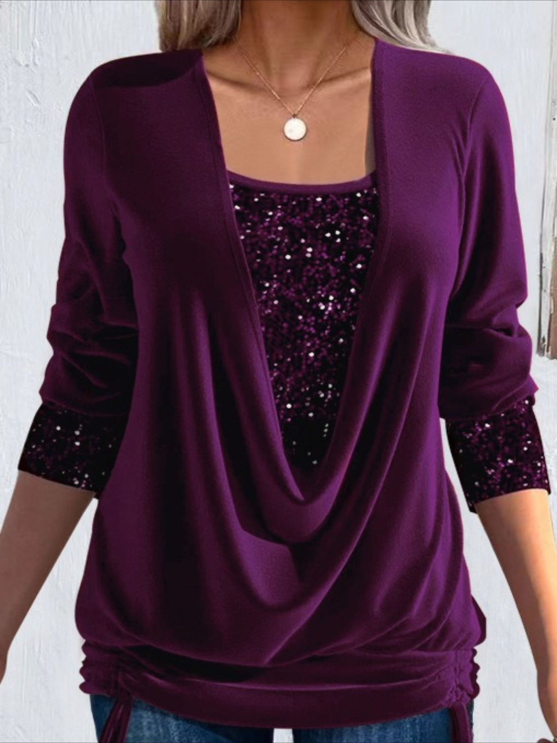 Fake Two-piece Vintage Plain U-Neck Long Sleeve T-shirt