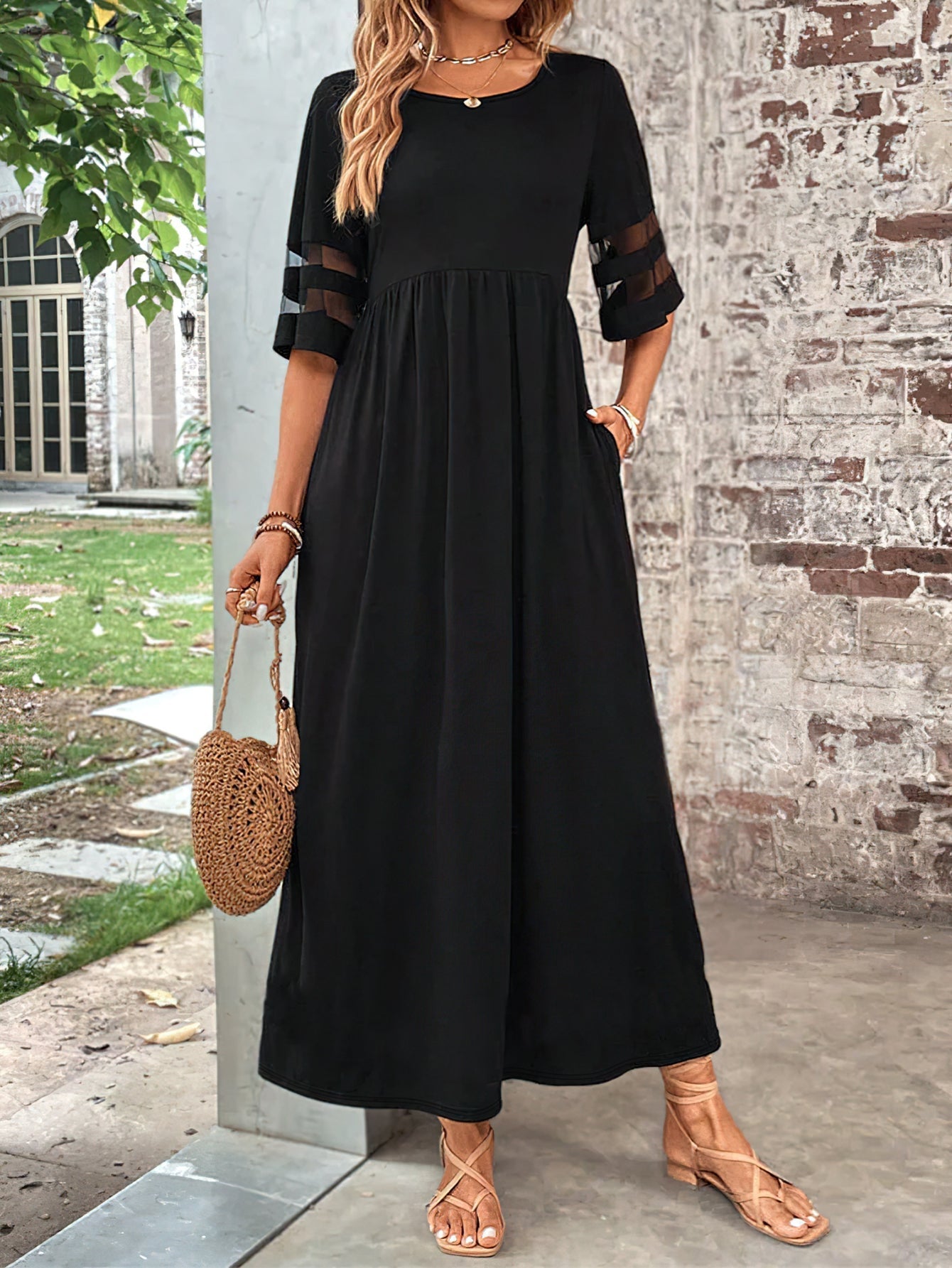 Elegant Crew Neck Solid Color Slimming Mesh Panel Maxi Dress