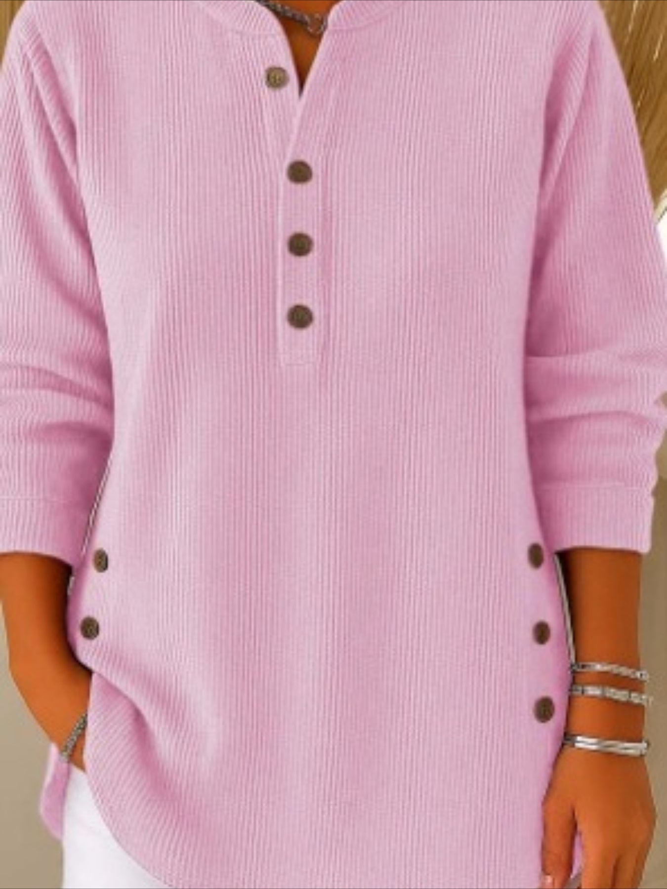 Corduroy Solid Color Loose Casual V-Neck Button Long Sleeve Top