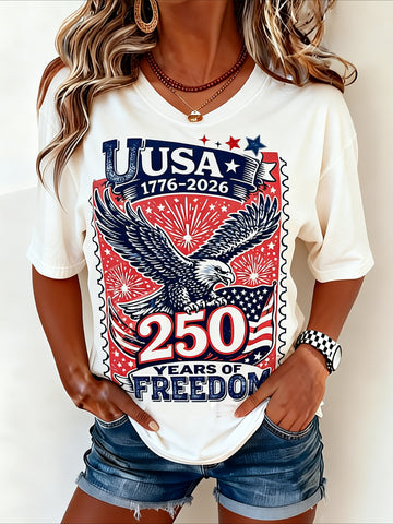 Casual Vintage America 250 Years Printing Crew Neck Short Sleeve T-shirt