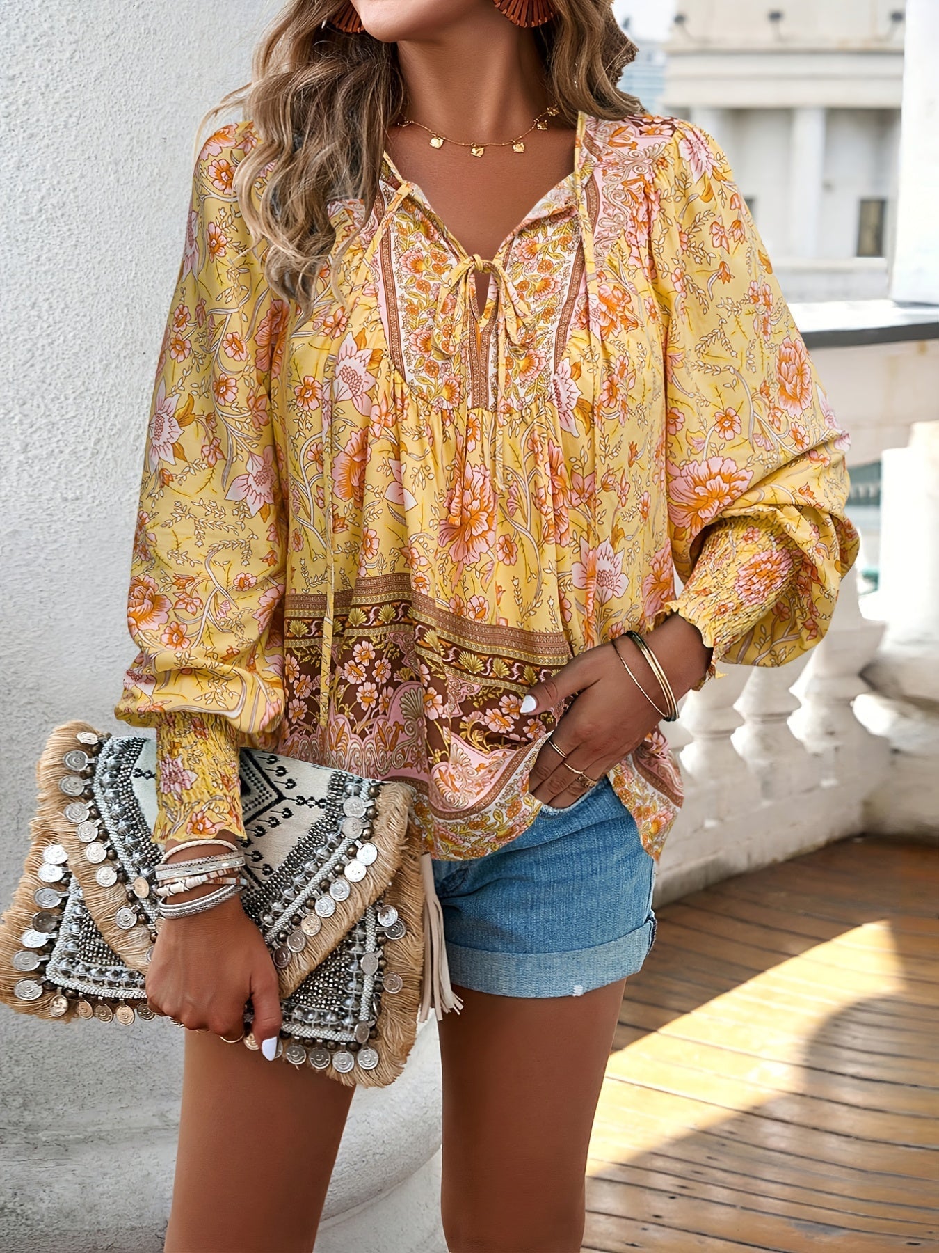 Drawstring Long Sleeve Casual Floral Print V Neck Blouse