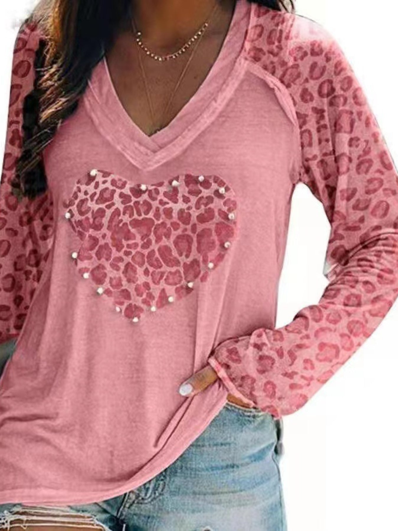 Plaid Heart Print V Neck T-Shirt, Casual Long Sleeve Top