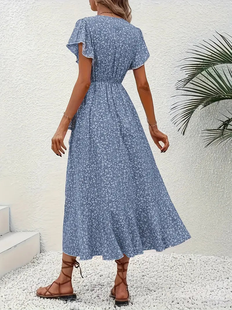 Women's Floral Print Surplice Dress with Flutter Sleeves and Ruffle Hem